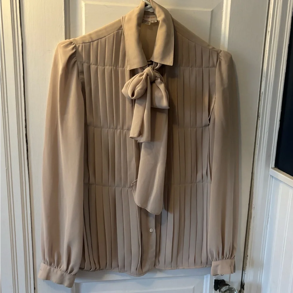Vintage 80s Betty Hanson Beige Chiffon Blouse with Bow Detail - Picture 2 of 4